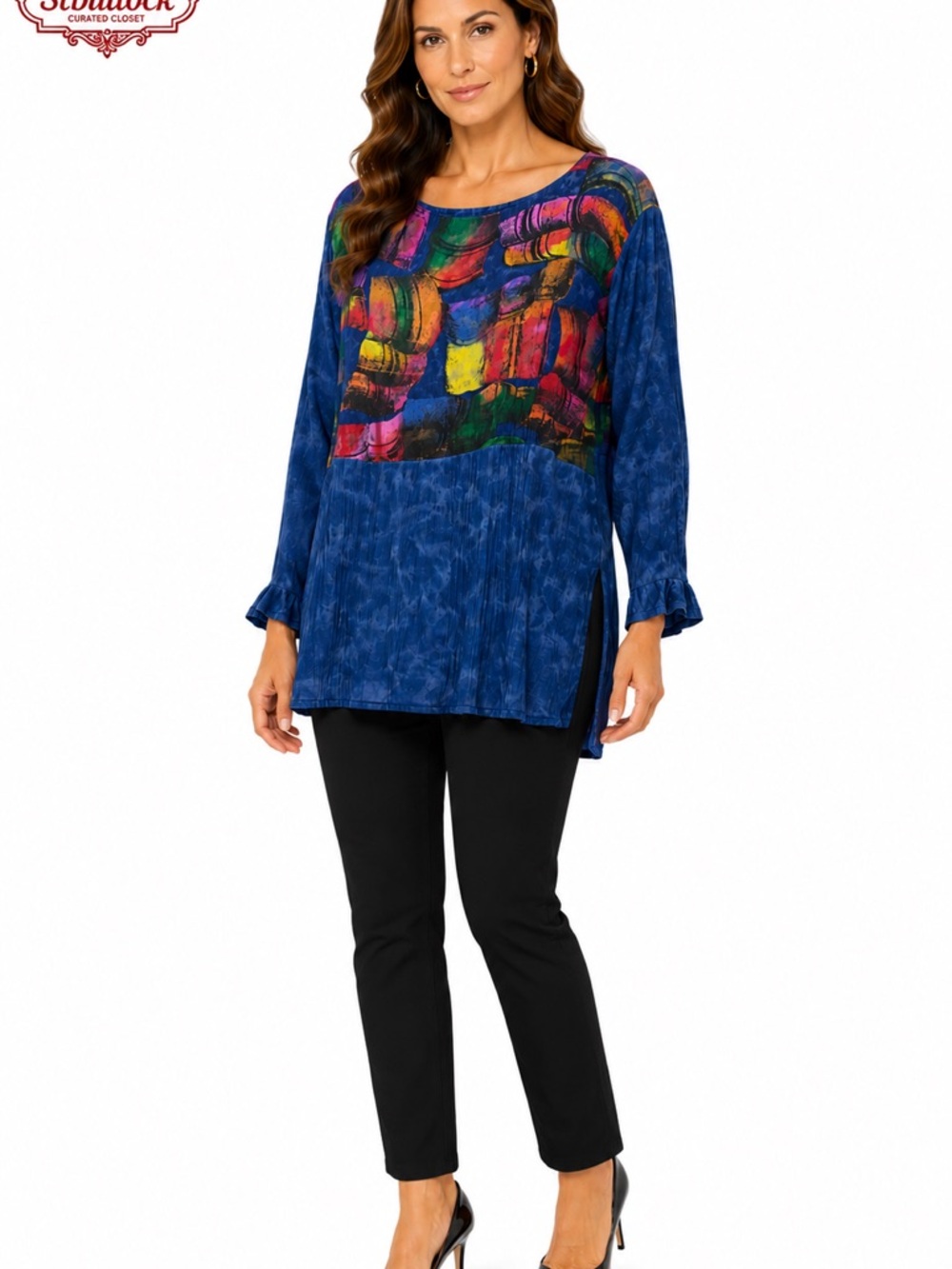 T2 Platinum by Dorothy Schoelen Abstract Print Tunic Blouse Side Slits Zip Cuffs